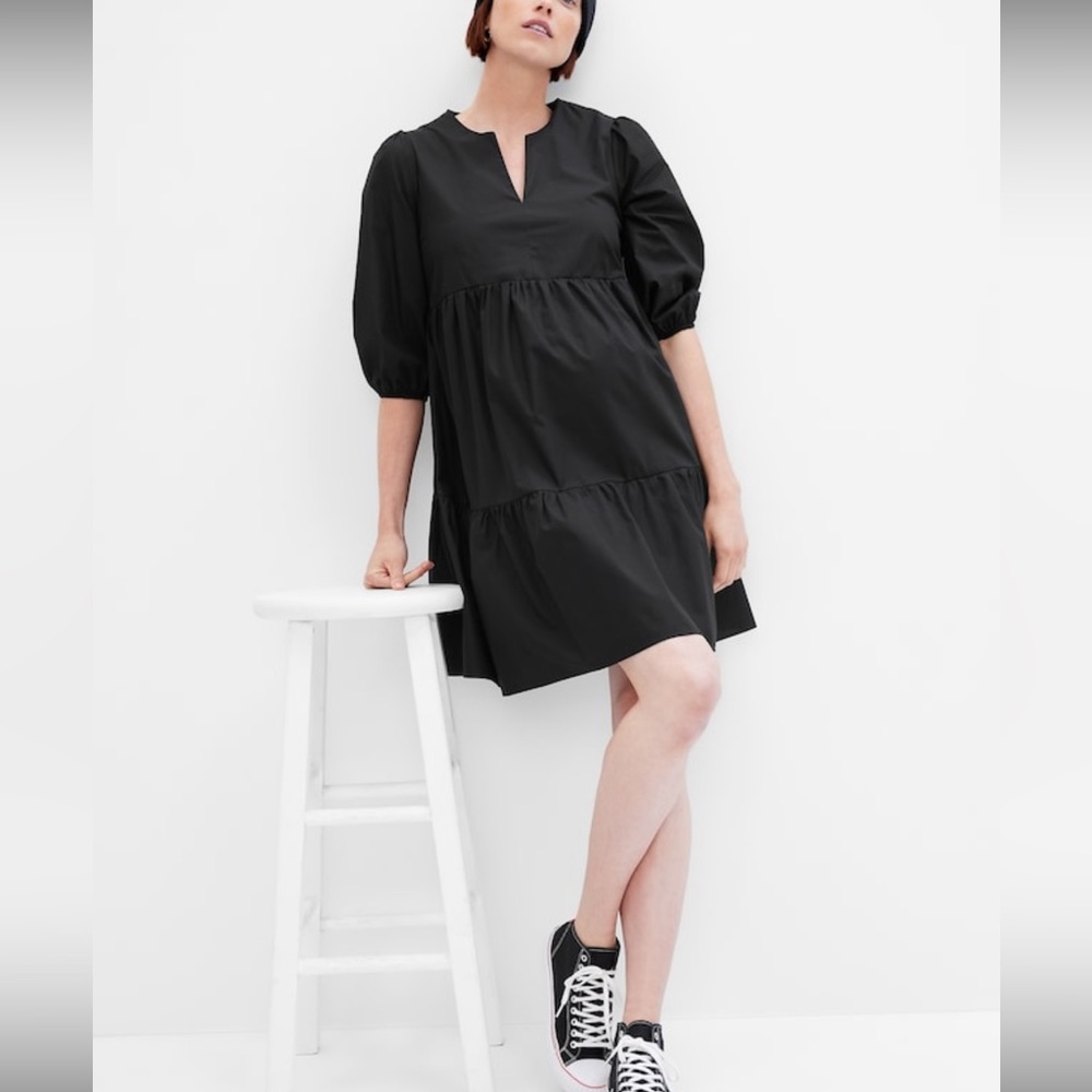 Gap Maternity Puff Sleeve Tiered Dress in Black - Size Large